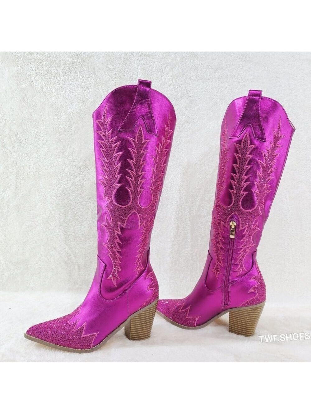 Rodeo Flash Metallic Matte Rhinestone Western Knee High Cowgirl Boots Hot Pink